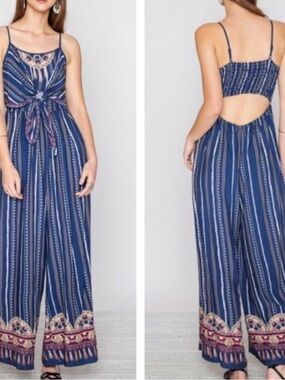 Flying Tomato Navy Striped Tie-Front Wide-Leg Jumpsuit Medium